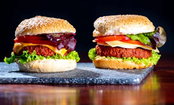 Tasty Vegetarian Food Homemade Cheeseburgers Made Plant Based Soya Meat — Stock Photo, Image