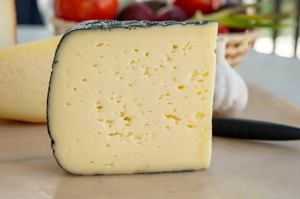 Käsekollektion Französischer Fol Epi Käse Mit Vielen Kleinen Löchern Etorki — Stockfoto