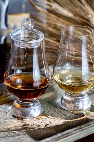 Gläser Single Malt Und Blended Scotch Whisky Serviert Einer Bar — Stockfoto