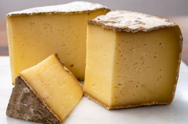 Peynir koleksiyonu, Fransız Alpleri 'ndeki Savoy bölgesinden Tomme de Savoie peyniri, bej rengi ve koyu kahverengi-gri kabuklu yumuşak inek sütü peyniri.