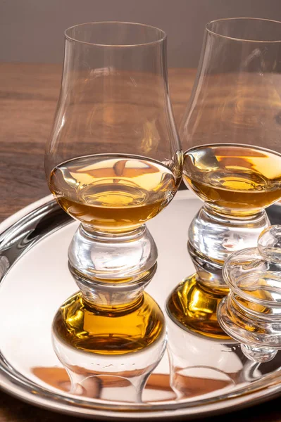 Vasos Cata Whisky Escocés Malta Simple Servidos Bandeja Espejo Acero — Foto de Stock