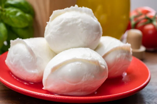 Kolekcja Serów Małe Białe Miękkie Kulki Serowe Mozzarellą Serwowane Czerwonymi — Zdjęcie stockowe