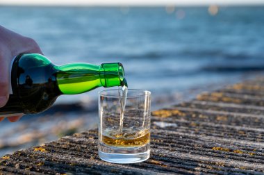 Gün batımında İskoç viskisi içmek deniz, okyanus veya nehir manzaralı, İskoçya, İngiltere 'de özel viski imalathanesi turları