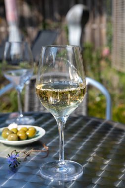 Güneşli bir günde bahar bahçesinde açık terasta beyaz şarap içmek.