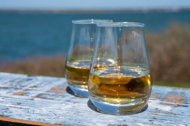 Tek malt viski ve karışık viski tadı mavi deniz, okyanus ya da nehir manzaralı, İskoçya, İngiltere 'de özel viski turları