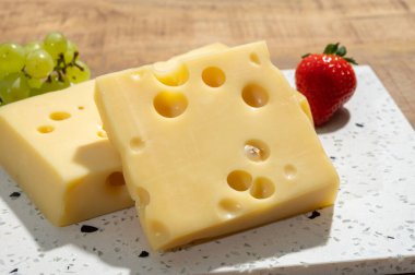 Cheese collection, blocks of French emmentaler cheese with many round holes made from cow milk close up clipart