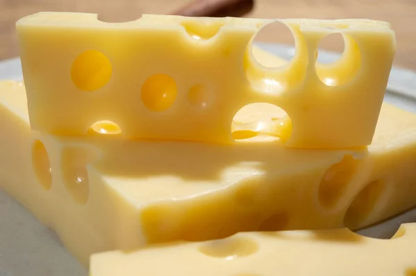Коллекция Сыра Блоки Французского Сыра Эмменталер Большим Количеством Круглых Отверстий — стоковое фото