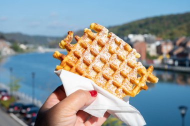 Belçika 'nın Dinant, Wallonia, Belçika' da Maas nehri manzaralı tatlı fırınlanmış waffle 'ları.