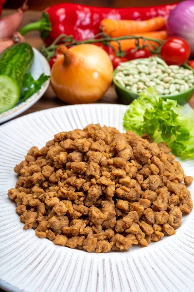 Vegetarisch Gehakt Vlees Imitatie Gemaakt Van Granen Sojabonen Groenten Peulvruchten — Stockfoto