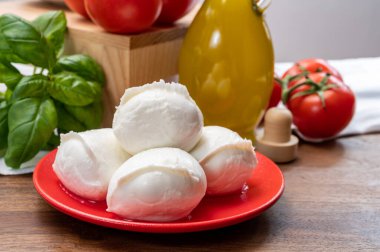 Cheese collection, small fresh white soft mozzarella cheese balls served with red tomatoes and fresh green basil from Italy close up clipart