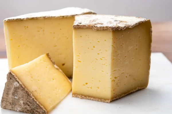 奶酪系列 法国阿尔卑斯山萨沃伊地区的Tomme Savoie奶酪 米色内饰的温和奶牛乳酪和浓密的褐色灰色皮毛 — 图库照片