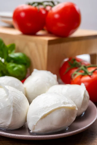 Raccolta Formaggi Polpette Mozzarella Bianca Fresca Morbida Servite Con Pomodori — Foto Stock
