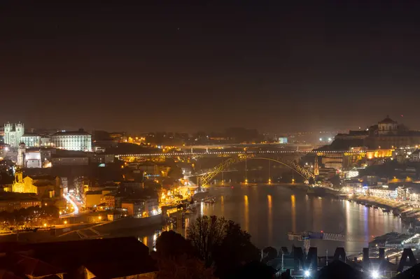 Vista Panorámica Parte Antigua Ciudad Oporto Portugal Con Luces Meny — Foto de Stock