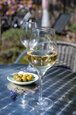 Güneşli bir günde bahar bahçesinde açık terasta beyaz şarap içmek.