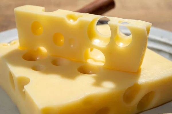 Coleção Queijos Blocos Queijo Francês Emmentaler Com Muitos Buracos Redondos — Fotografia de Stock