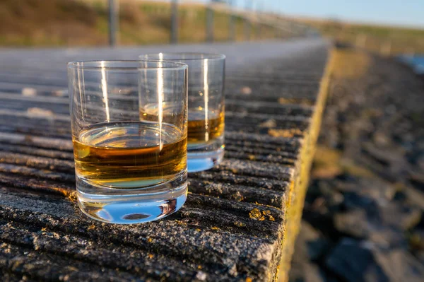 Beber Uísque Escocês Malte Único Pôr Sol Com Vista Mar — Fotografia de Stock