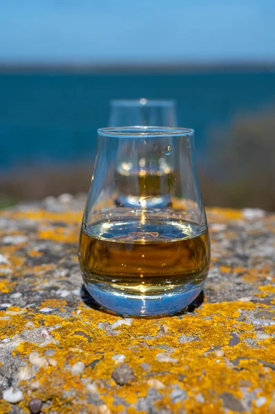 Degustacja Jednosłodowej Mieszanej Szkockiej Whisky Widokiem Morze Ocean Lub Rzekę — Zdjęcie stockowe
