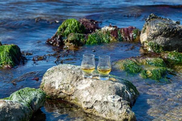 Ochutnávka Čisté Sladové Nebo Míchané Skotské Whisky Modrého Moře Kameny — Stock fotografie