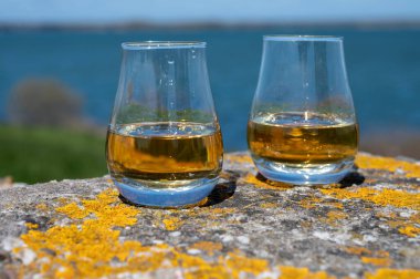 Tek malt viski ve karışık viski tadı mavi deniz, okyanus ya da nehir manzaralı, İskoçya, İngiltere 'de özel viski turları