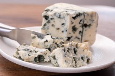 Peynir koleksiyonu, bir parça yumuşak Fransız rokforu. Yakın çekim.