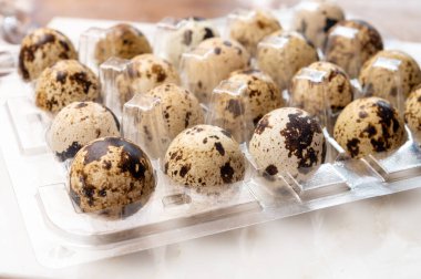 Şeffaf plastik kabın içinde taze küçük lekeli keklik yumurtaları.