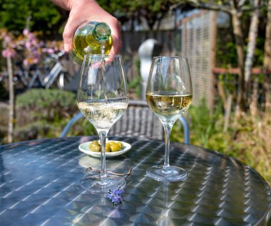 Güneşli bir günde bahar bahçesinde açık terasta beyaz şarap içmek.