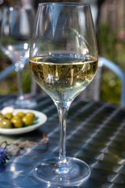 Güneşli bir günde bahar bahçesinde açık terasta beyaz şarap içmek.