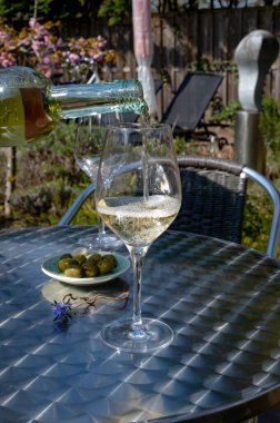 Güneşli bir günde bahar bahçesinde açık terasta beyaz şarap içmek.