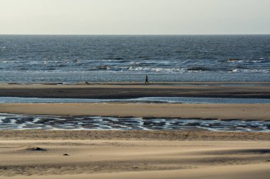Küçük Belçika kasabası De Haan 'daki sarı kumlu sahil ya da Le Coq sur mer, lüks tatil beldesi, gün batımında yaz tatili