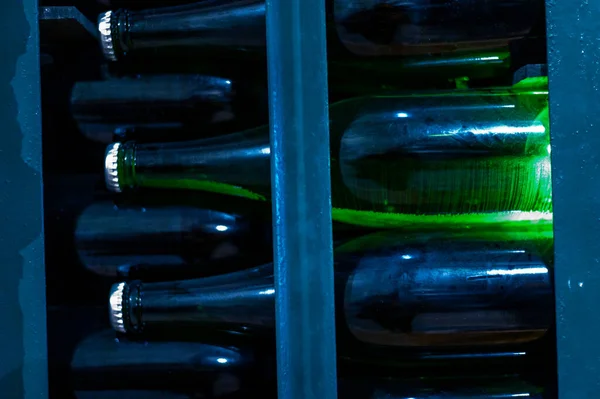 Champagne Grand Cru Sparkling Wine Production Bottles Rows Dark Underground — Stock Photo, Image