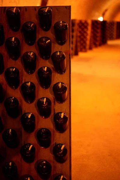 Produção Vinho Espumante Champanhe Garrafas Prateleiras Cave Subterrânea Escura Reims — Fotografia de Stock