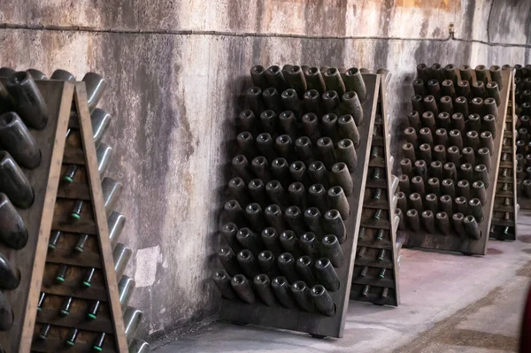 Produção Vinho Espumante Champanhe Garrafas Prateleiras Cave Subterrânea Escura Reims — Fotografia de Stock