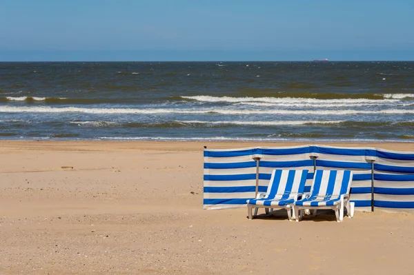 Puste Niebiesko Białe Leżaki Żółtej Piaszczystej Plaży Małym Belgijskim Miasteczku — Zdjęcie stockowe