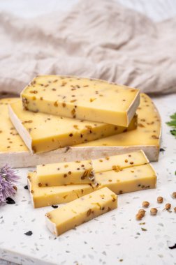 Peynir koleksiyonu, olgun sarı inek peyniri ve Belçika 'dan hardal tohumları.