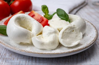 Güney İtalyan yumuşak beyaz mozzarella peyniri bufalo ineklerinden yapılmış taze domates ve taze yeşil fesleğenle servis edilen süt yakın mesafede.