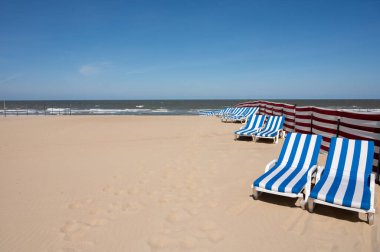 Küçük Belçika kasabası De Haan veya Le Coq sur mer 'deki sarı kumlu sahilde boş mavi-beyaz güneş yatakları, lüks tatil beldesi, yaz tatili