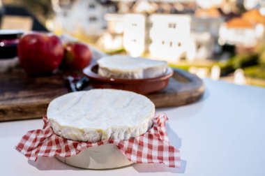 Peynir koleksiyonu, Normandiya 'dan Fransız peyniri, yuvarlak camembert peyniri ve açık havada güneşli bir günde servis edilen kalp şeklinde neufchatel.