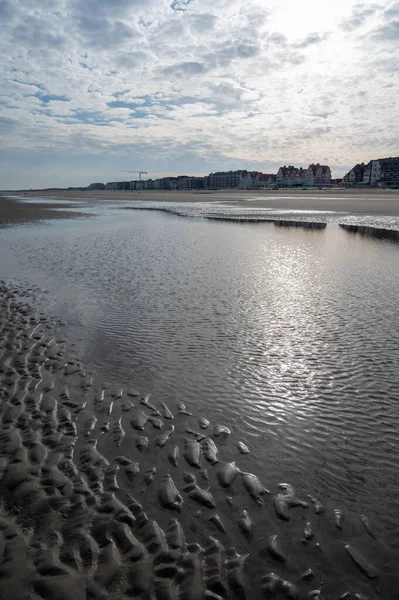 Niski Okres Przejażdżki Żółtej Piaszczystej Plaży Małym Belgijskim Miasteczku Haan — Zdjęcie stockowe