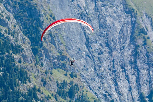 Paraşütçüler Mavi Gökyüzünde Paraşüt Uçağıyla Alp Dağları Doğru Süzülüyorlar — Stok fotoğraf