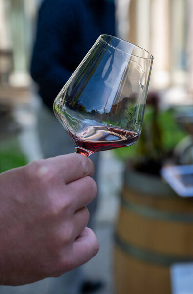 Дегустация сухого дорогого бордового красного вина из винограда Пино-нуар, винный туризм в Бургундский Кот-де-Нуит, Франция