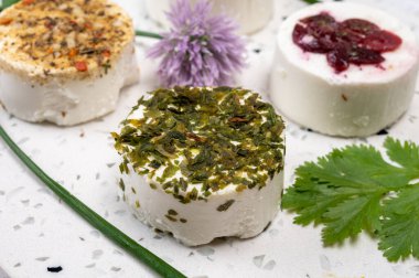 Peynir koleksiyonu, taze beyaz keçi peyniri aromalı Fransız peyniri, böğürtlen ve yeşil pesto.