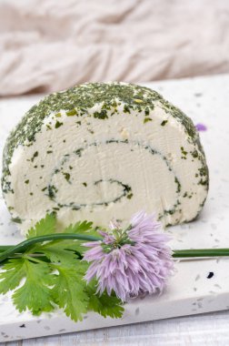 Peynir koleksiyonu, taze beyaz keçi peyniri Fransız peyniri, aromatik otlar ve pirzolalar.