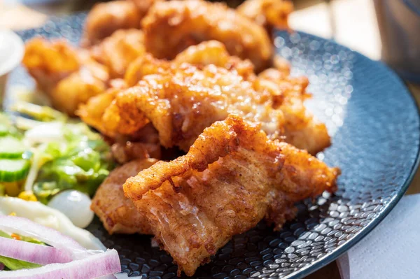 Dutch street food, fried pieces of cod fish fillet served with garlic sauce and fresh green salade close up