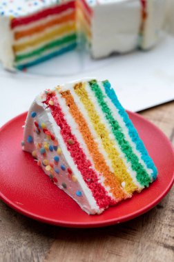 Bir parça taze fırınlanmış renkli doğum günü pastası.