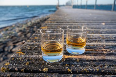 Gün batımında İskoç viskisi içmek deniz, okyanus veya nehir manzaralı, İskoçya, İngiltere 'de özel viski imalathanesi turları