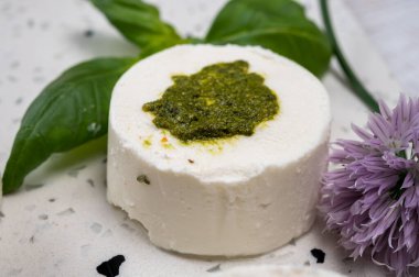 Peynir koleksiyonu, taze beyaz keçi peyniri aromalı Fransız peyniri, böğürtlen ve yeşil pesto.