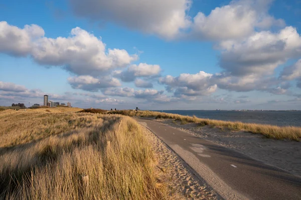 Sanddyner Och Utsikt Över Vlissingen Stad Med Sandstrand Solig Solnedgång — Stockfoto