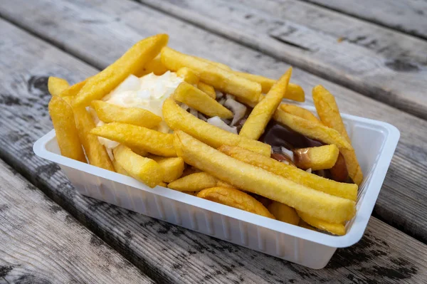 Delar Friterade Potatischips Med Curry Och Majonnäs Sås Och Lök — Stockfoto