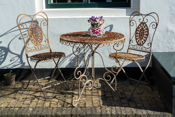 Vintage Metalen Bistro Tafel Stoelen Outdoor Cafe Gebruikt Voor Ontbijt — Stockfoto