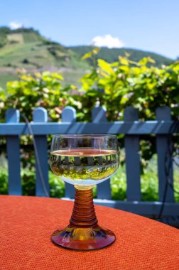 Almanya 'nın Mosel nehri şarap bölgesinde açık terasta sarı girdaplı şarap kadehinde servis edilen beyaz kaliteli riesling şarabı.